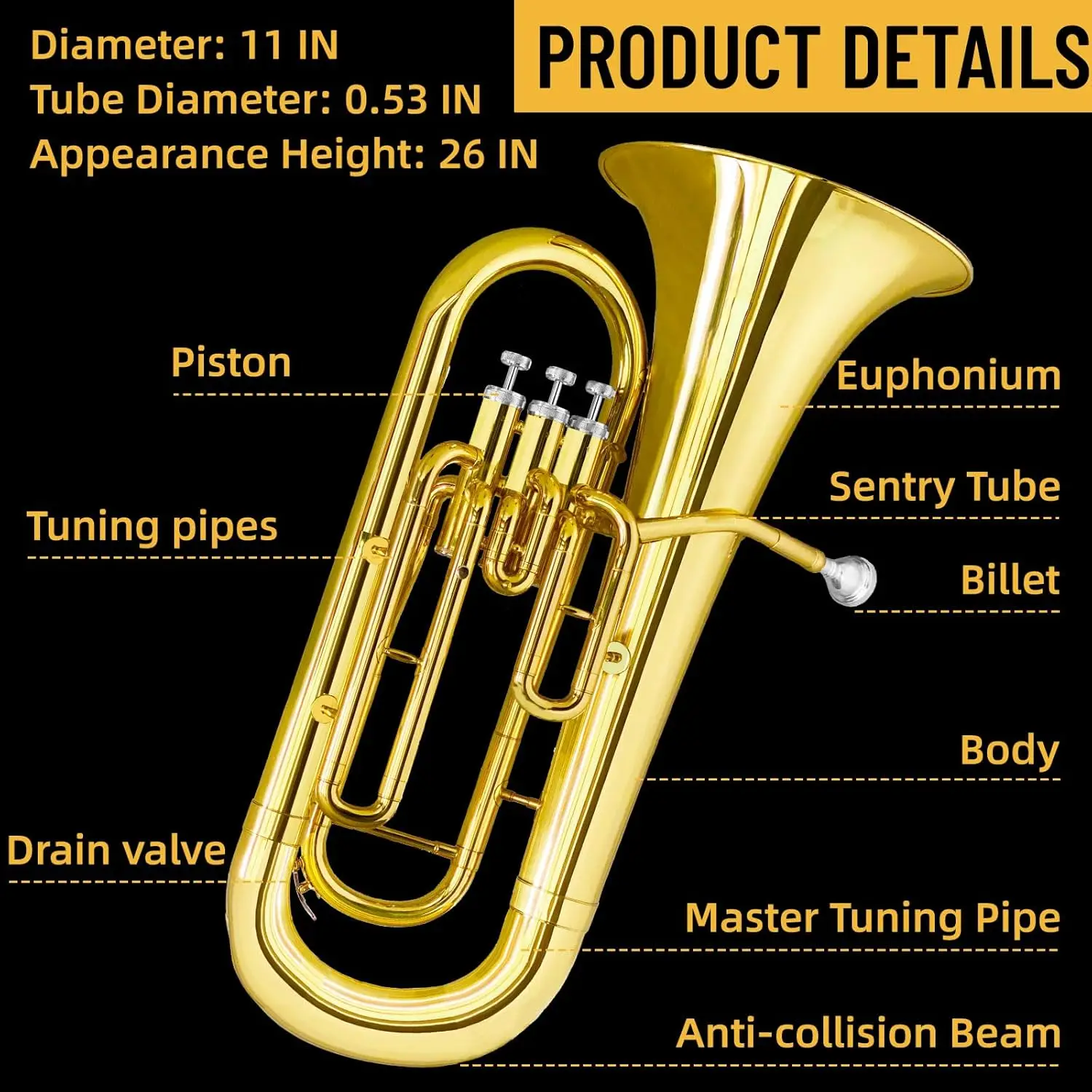 Euphonium Brass Instrument with Case, Mouthpiece, Cloth, and Gloves-Standard Brass Band Performance Model