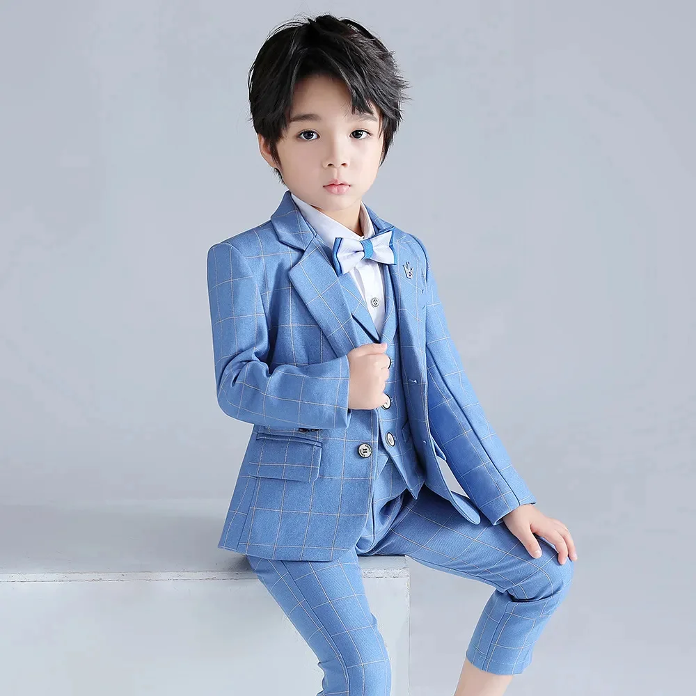 

Children Boy Formal Set Blazer Suit Plaid Wedding Host Teenager Kid Bowtie Dress Party Performance Costume Coat Vest Pants