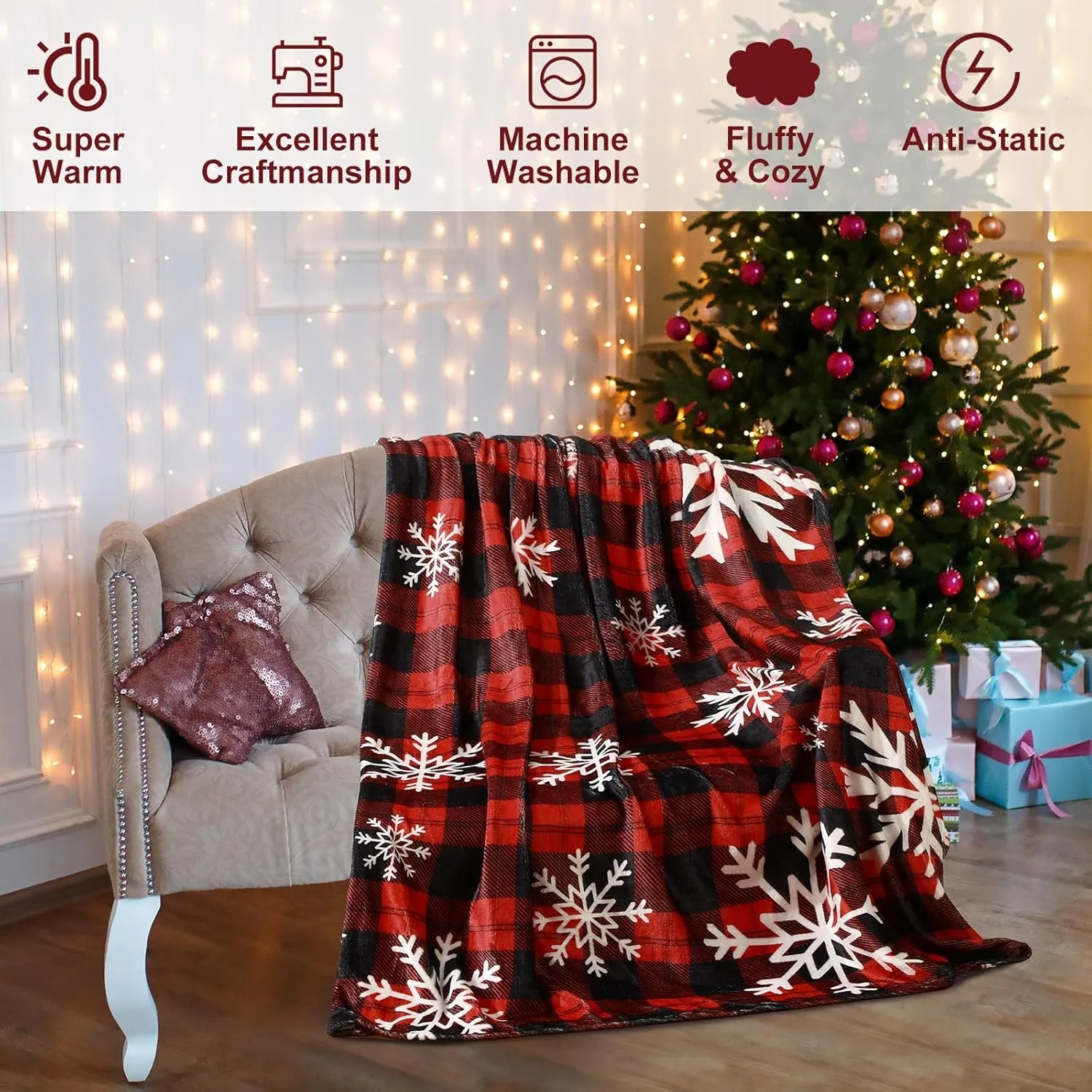 1PC Throw Christmas Red Plaid Flannel Blanket Snowflakes Xmas Holiday Throw Soft Lightweight Decorative Blankets Throws Gifts 4