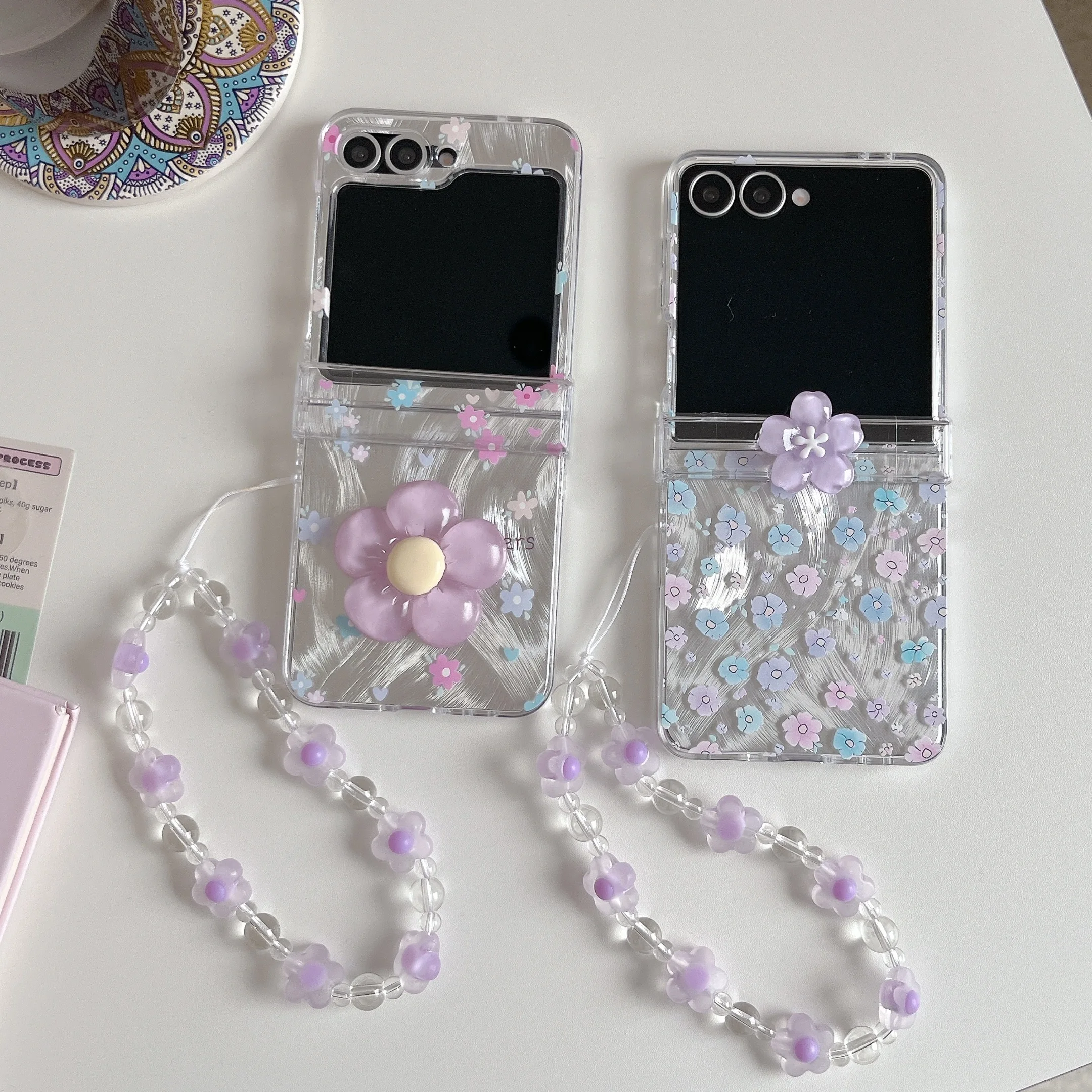 3D Purple Flower Blooming Dual-Mode Clear Protective Case with Lanyard - Middle Axis Design
