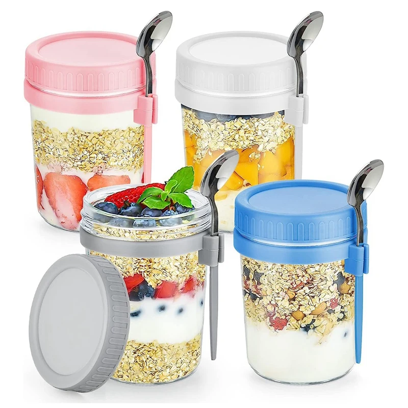 

4 Pack Overnight Oats Containers With Lids And Spoons 16 Oz Glass+Plastic For Overnight Oats Leak Proof Oatmeal Container