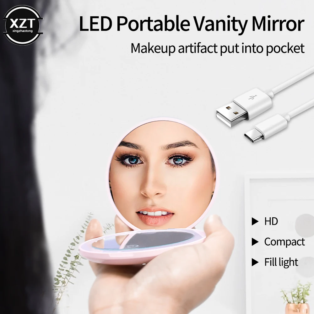 

Two Side Folding Round Mirror with LED Light USB Rechargeable Mini Portable Makeup Mirror Magnifying Mirror