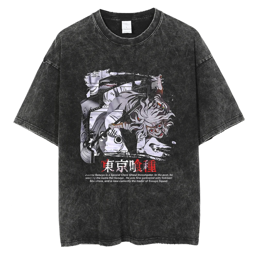 

Men Washed T-Shirt Tokyo Ghoul Anime Graphic Tshirt Harajuku Streetwear Cotton Casual Tops Summer Short Sleeve Loose Casual Tees