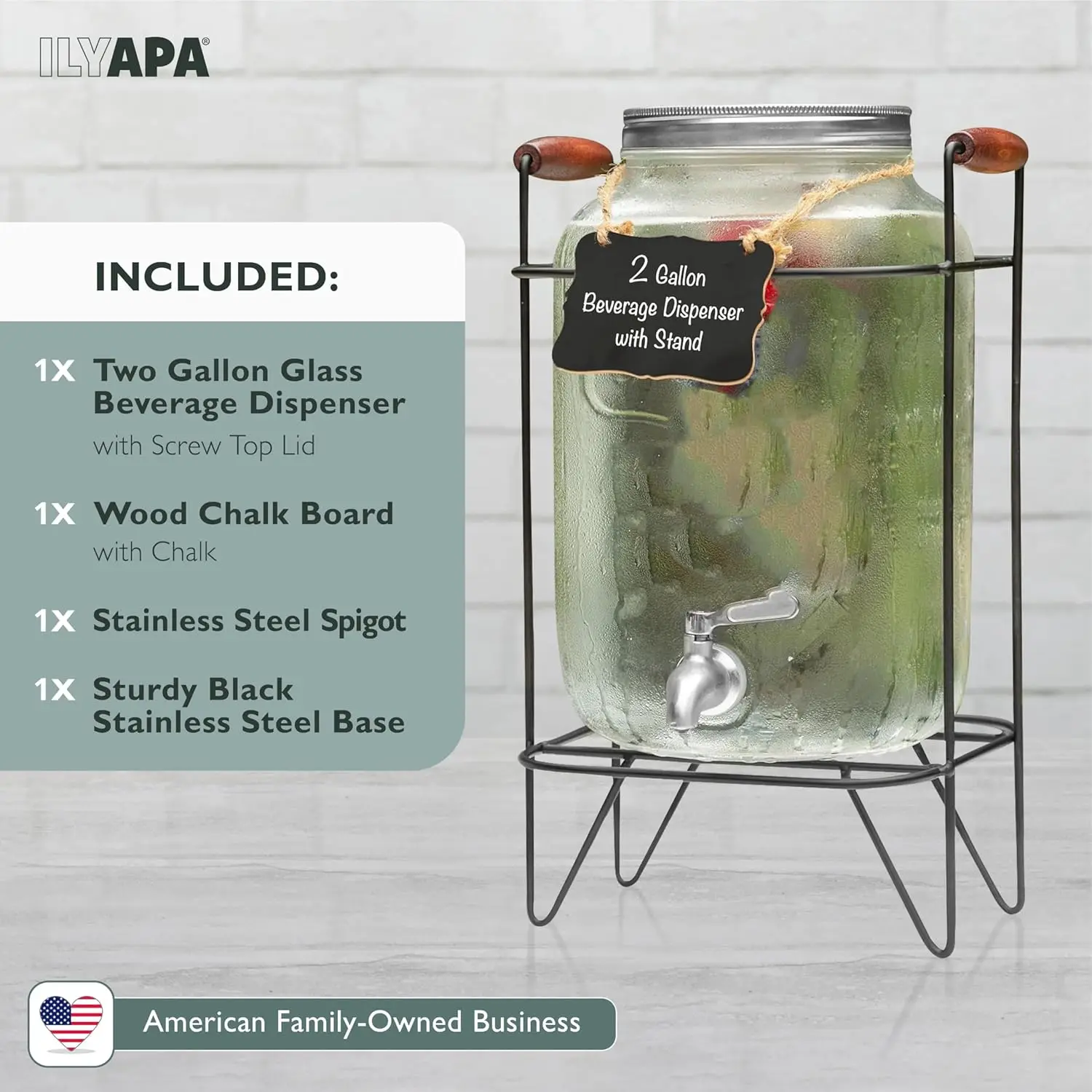 2 Gallon Glass Beverage Dispenser, Metal Base, Stainless Steel Spigot & Hanging Chalkboard - Outdoor Drink Dispenser for 4