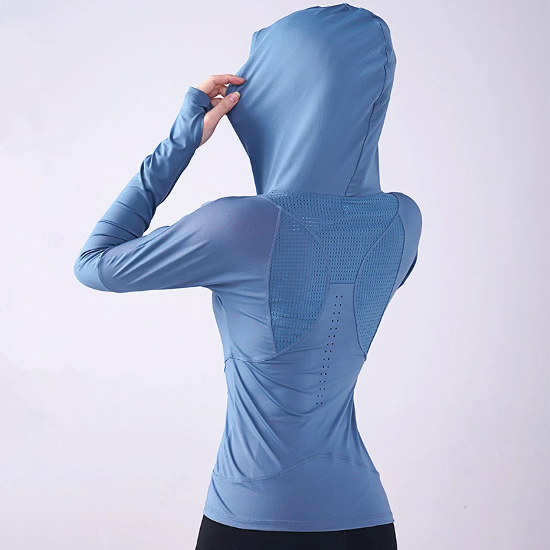 Women Yoga Shirt Long Sleeve Thumb Hole Running T-shirt Mesh Breathable Sport Hoodies Fitness Top Gym Workout Hooded Sweatshirts