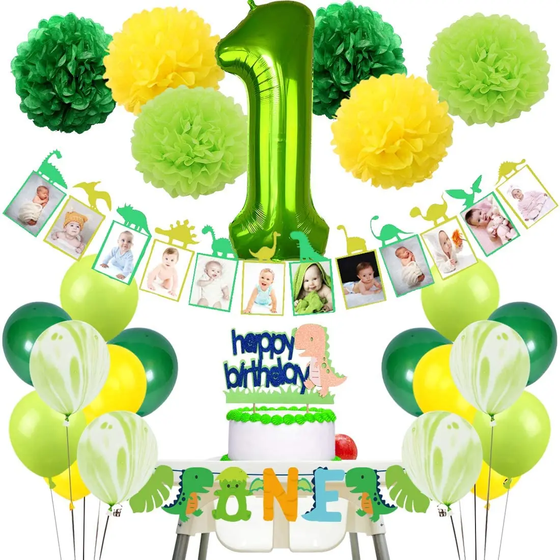 

Green Dinosaur First Birthday Decorations for Boys Dinosaur Cake Topper Balloons 12 Months Photo Banner Dino Party Supplies