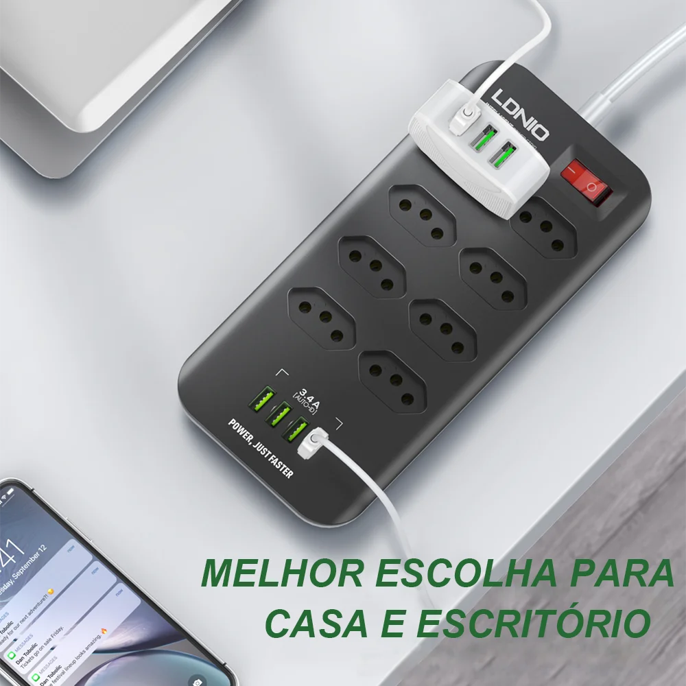 Plug Adapter Electrical Socket Power Socket LDNIO Brazilian Standard 2 Meters Electric Extension Surge Protector 4 USB