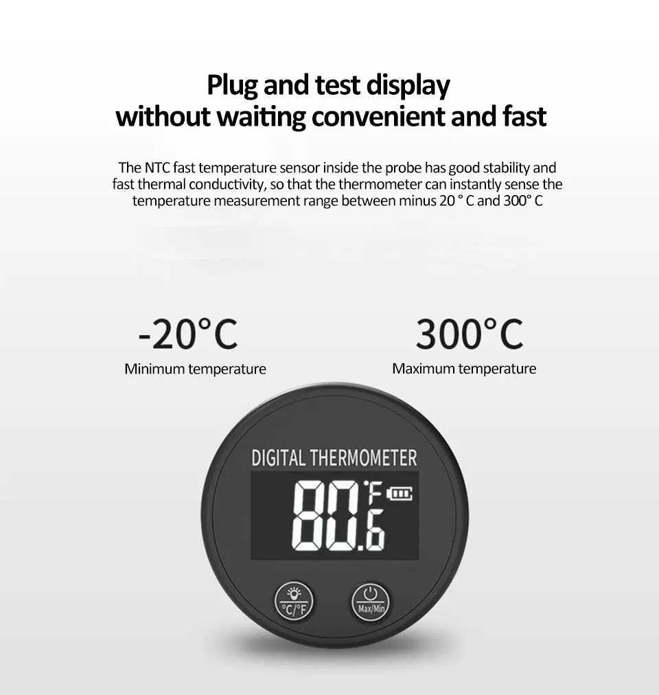 Description Picture 6 of item-20-300°C Food Thermometer Milk Tea Coffee Thermometer Stainless Steel Sensor Waterproof Temperature Tester Kitchen Accessories