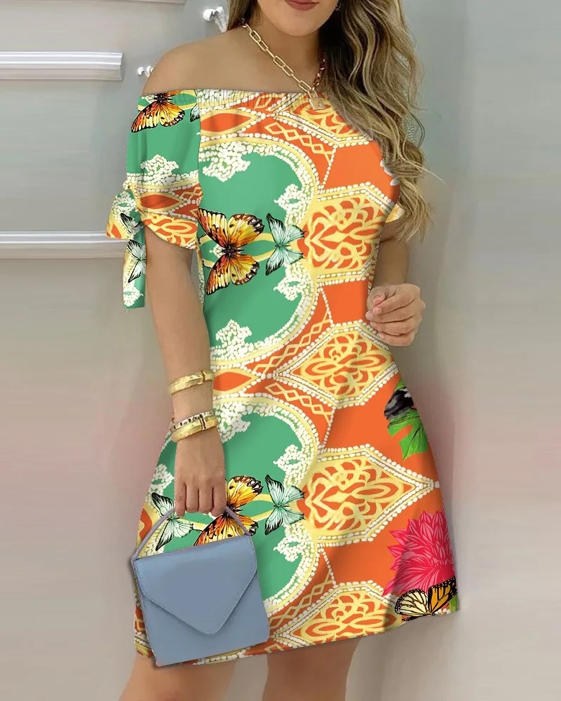 Vestido Estampado Sexy A La Moda Para Mujer, Vestido Acampanado De Manga Corta Con Hombros Descubiertos, Minivestidos Con Hombros Descubiertos Para Mujer - details 11