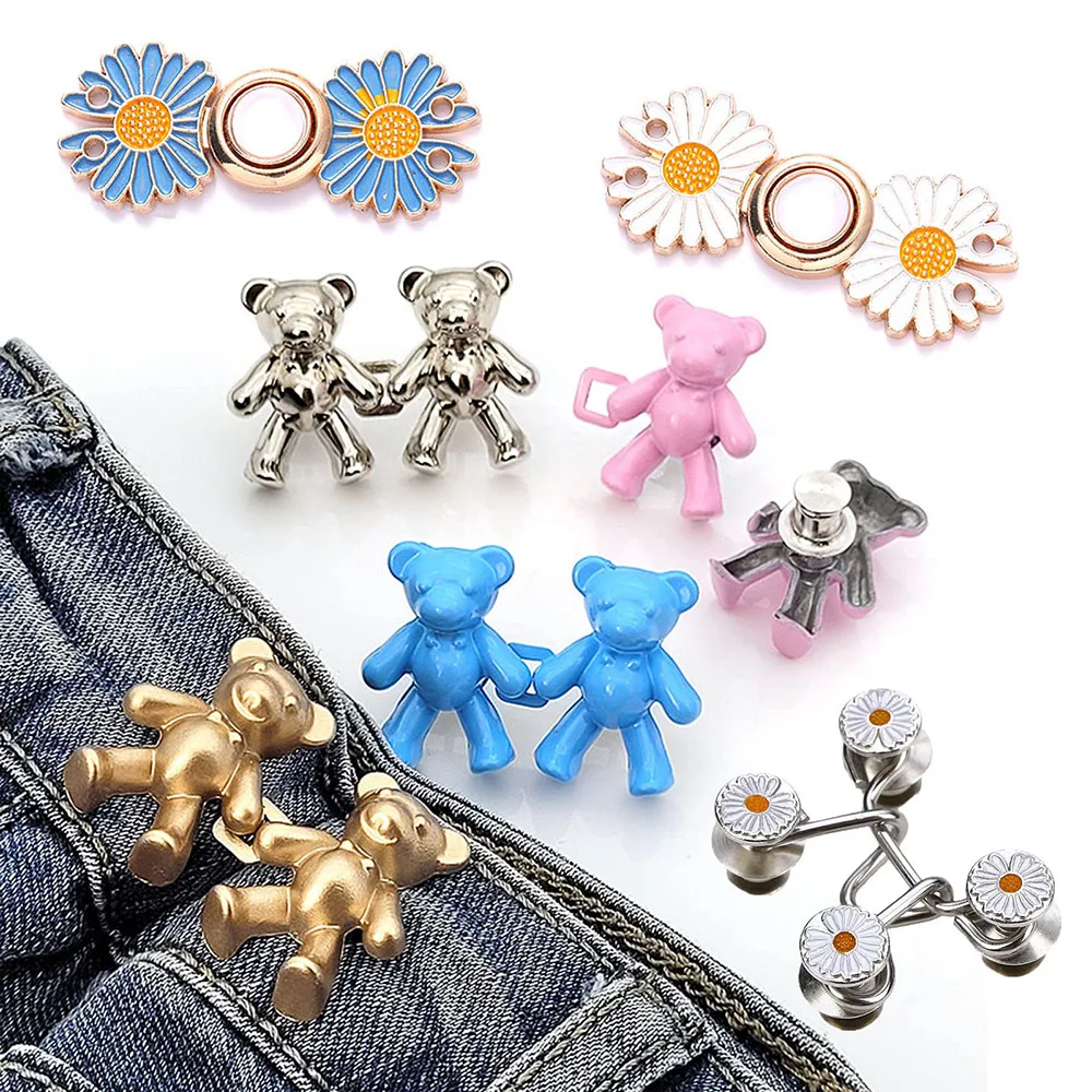1Pair Bear Jean Buttons Pins Adjustable Flower Bear Jean Button Pin Waist Tightener Clip Bear Pants Clip Bear Buttons