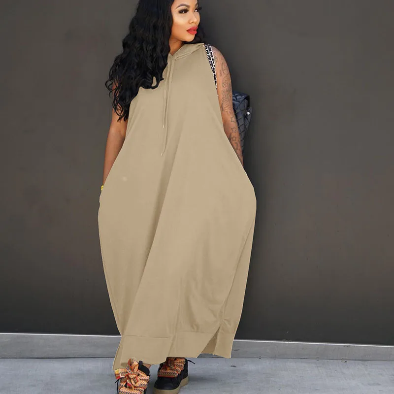 

Solid Loose Streetwear Casual Maxi Dress Women Elegance Fashion Sleeveless Hooded Pockets Night Club Party Long Dresses Vestidos