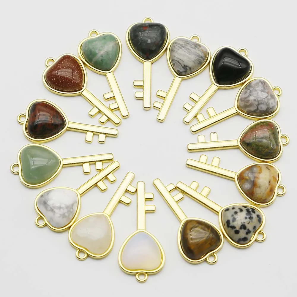 Natural Stone Heart Golden Key Pendant Exquisite Crystal Agates Necklace DIY Accessories Jewelry Making Wholesale Optional 12Pcs