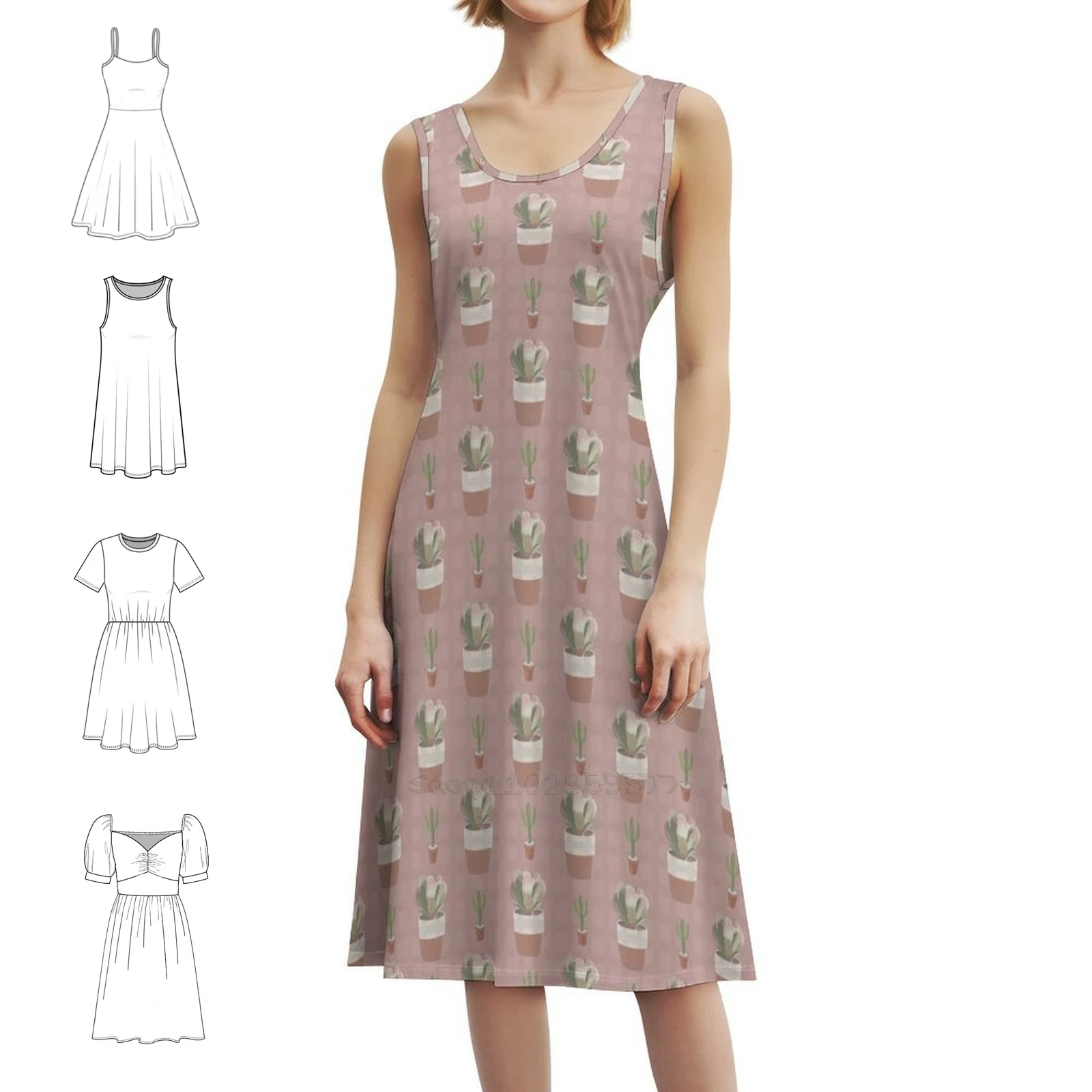 Pink Cacti Vintage Bohemian Dress Puff Sleeve Or Sleeveless Options For Women Dress Cactus Cacti Pink Pots Garden Dress For