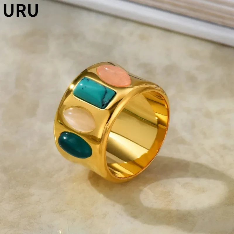 

Modern Jewelry Round Metal Blue Green Stone Rings For Women Female Gift Vintage Temperament Finger Accessories Two Size