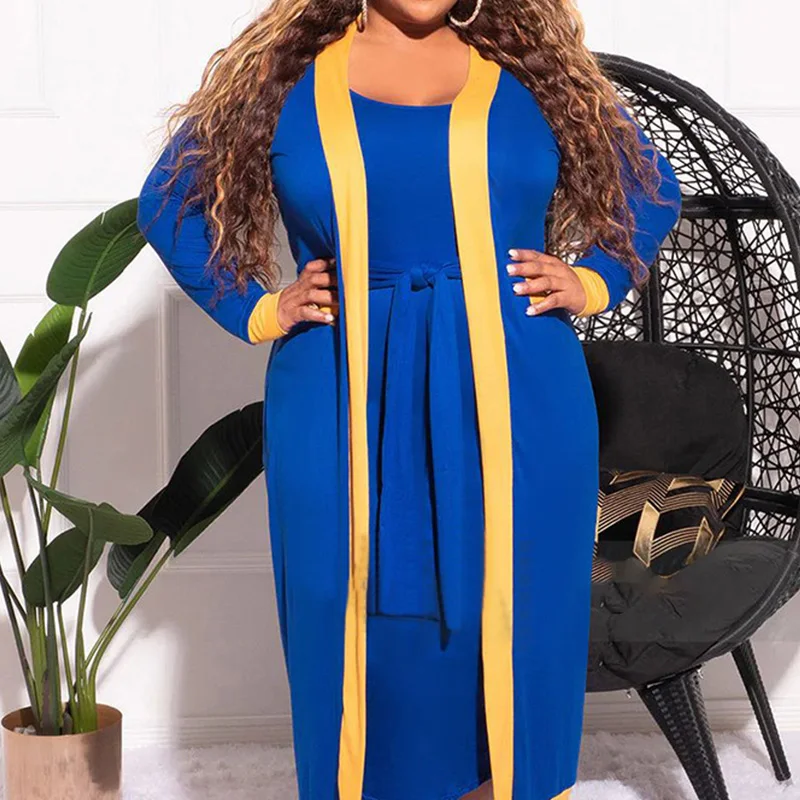 Casual Color Blocking Stripe Overcoat Two Piece Set Women Spring Summer O-Neck Solid Bandage Sleeveless Plus Size Vest Dress