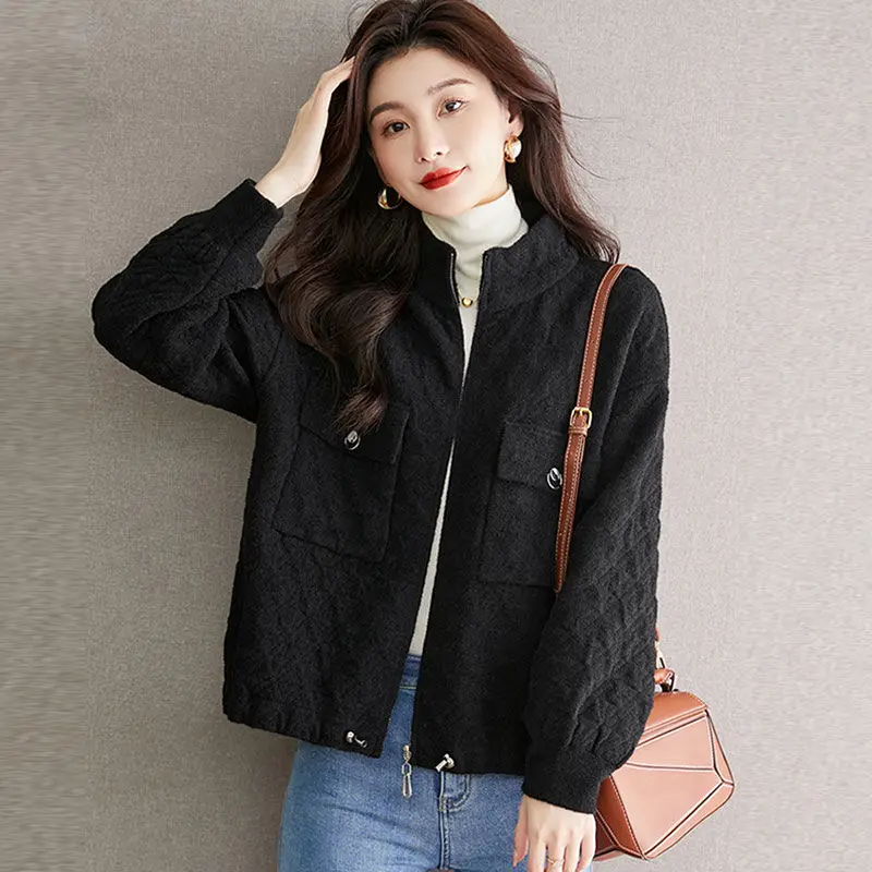 Early Spring Stand Collar Short Jacket Women Spring New High Sense Solid Color Baggy Outcoat Simple Casual Versatile Outerwear