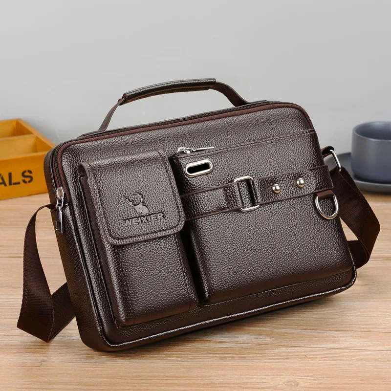 Leather Briefcase Men PU Leather Shoulder Crossbody Bag Laptop Briefcase