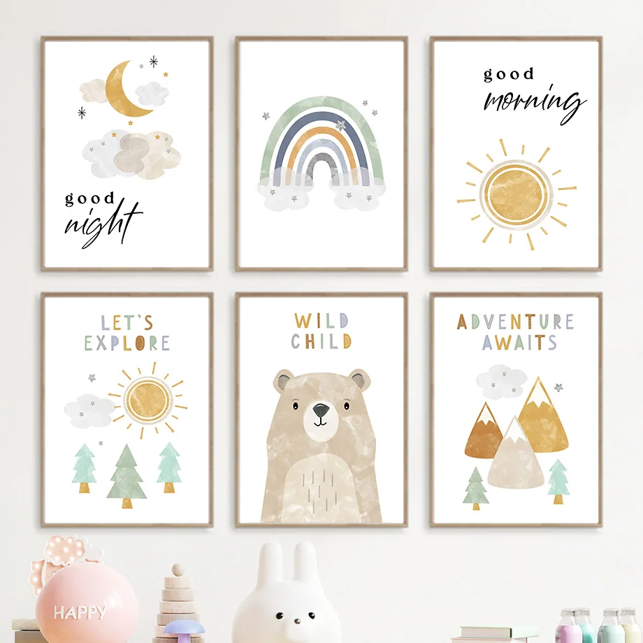 

Cartoon Bear Sun Moon Rainbow Mountain Forest Wall Art Canvas Painting Nordic Posters And Prints Wall Pictures Kids Room Decor
