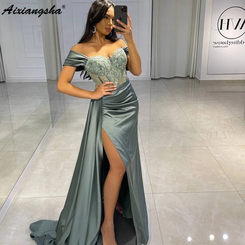 

Aixiangsha Thinyfull Sexy Prom Evening Dress Long Off the Shoulder Party Dress Appliques High Split Cocktail Gown Custom Made