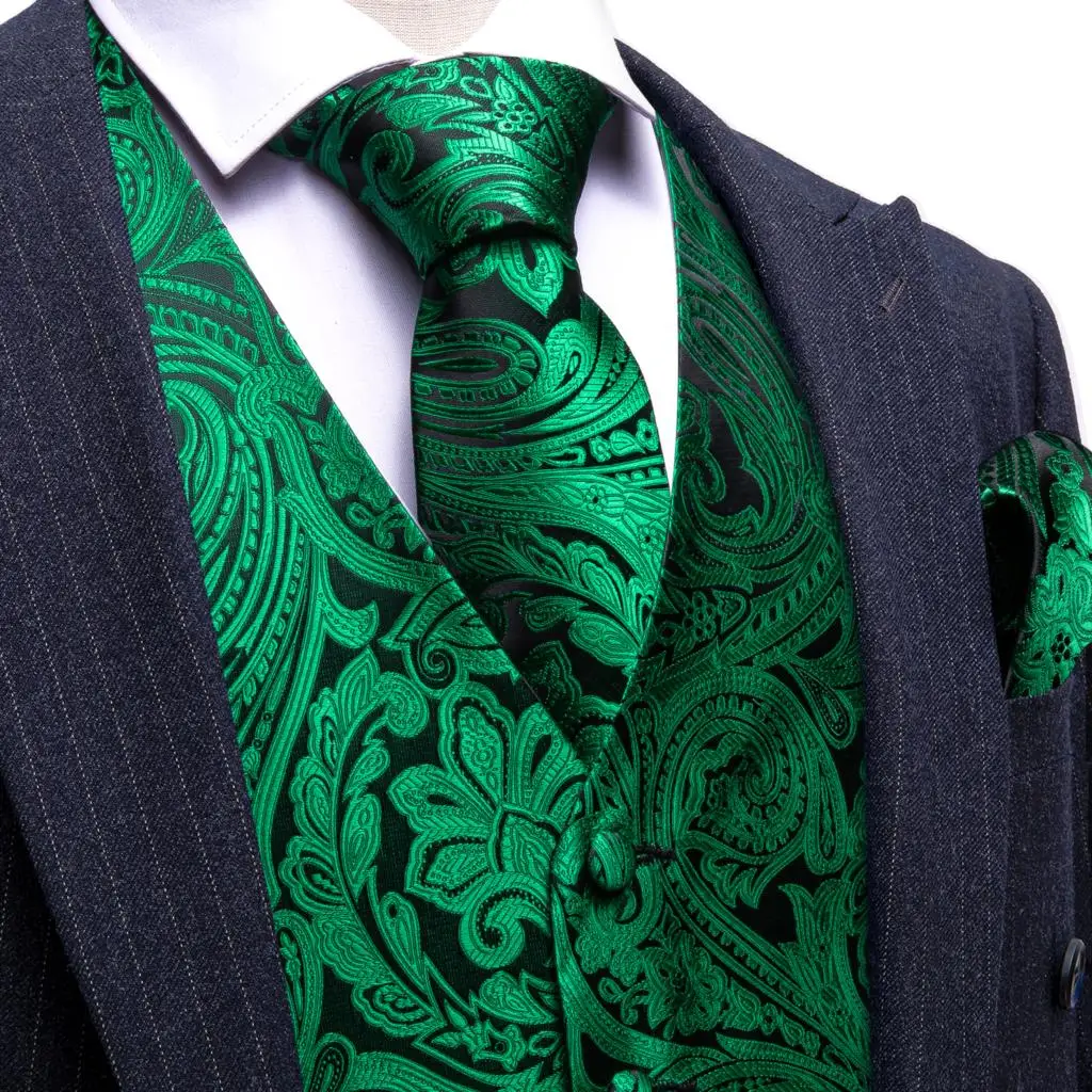 

Luxury Vest for Men Waistcoat Tie Set Silk Green Black Paisley Wedding Formal Suits Male Gilet Sleeveless Steampunk Barry Wang