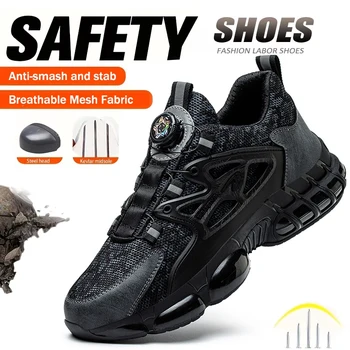 Safety Shoes For Men Steel Toe Anti-Puncture Men's Work Shoes Slip Resistant Reinforced Sole Rotating Button Fashion Sneaker