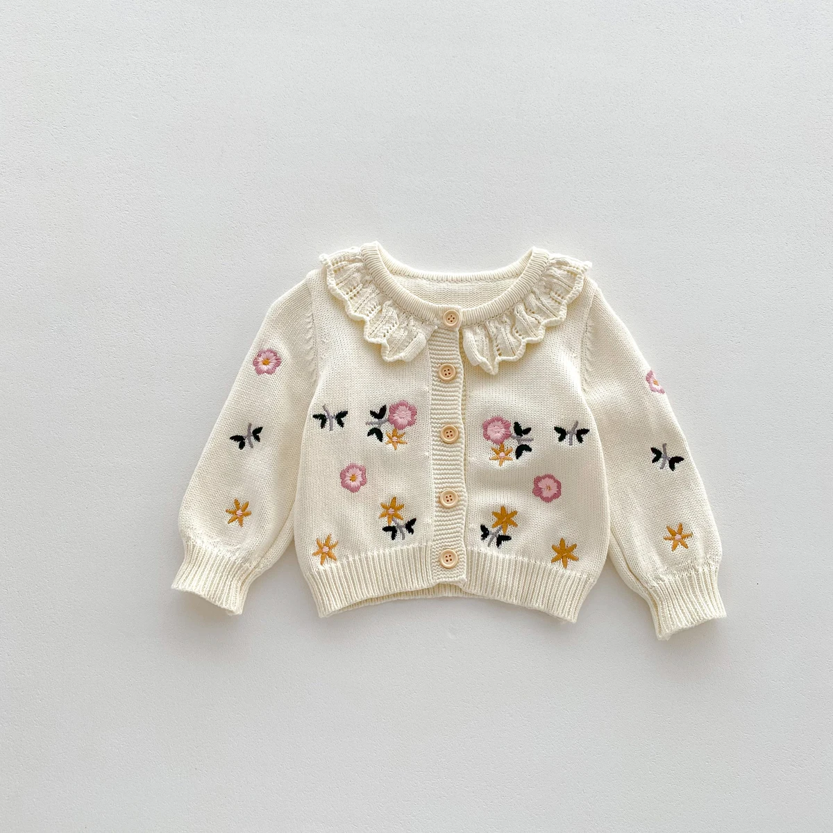 Baby Girls Sweater Korean Style Newborn Cardigans Baby Girls Knit Frilled Collar Floral Print Elegant Sweaters 0-3yrs