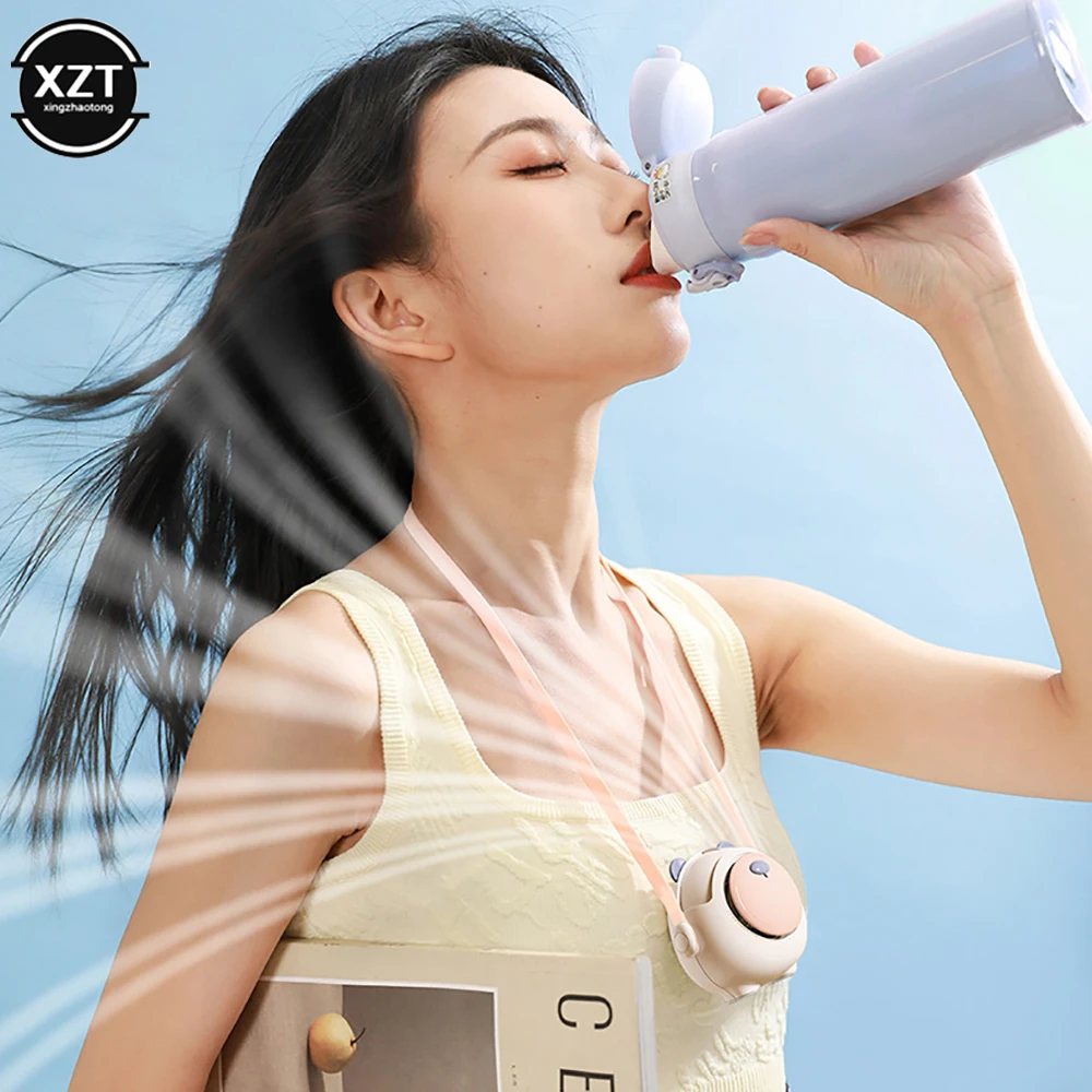 Cartoon Hanging Neck Mini Electric Fan USB Rechargeable Leafless Cooling Fan Outdoors Portable Air Conditioning 600mAh