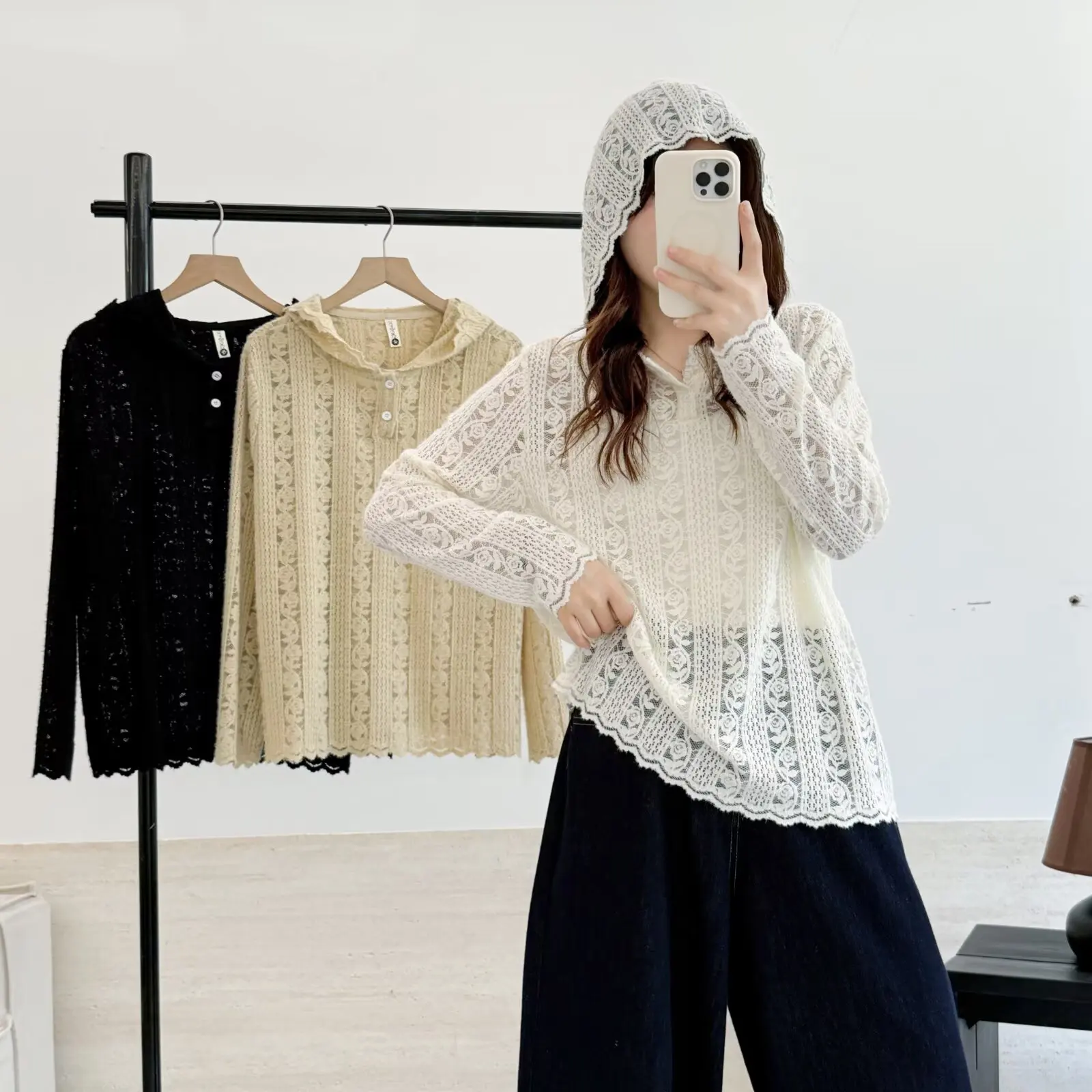 Fashion Plus Size Women's Blouses Autumn New Style Half Open Collar Lace Cutout Long Sleeve Hoodie Casual Top 8025