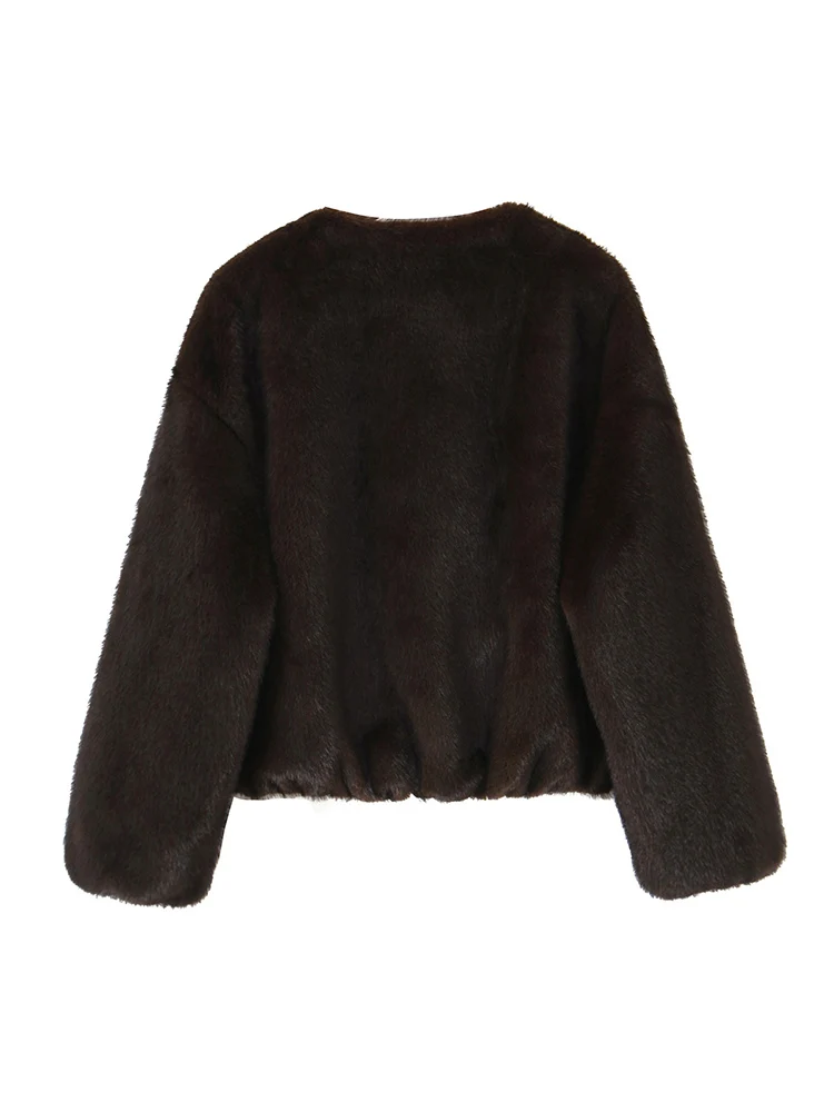 Women's Thick Warm Faux Fur Bomber Jacket O Neck Long Sleeve Female Outerwear Fashion Vintage Casual Zipper Cropped Jacket