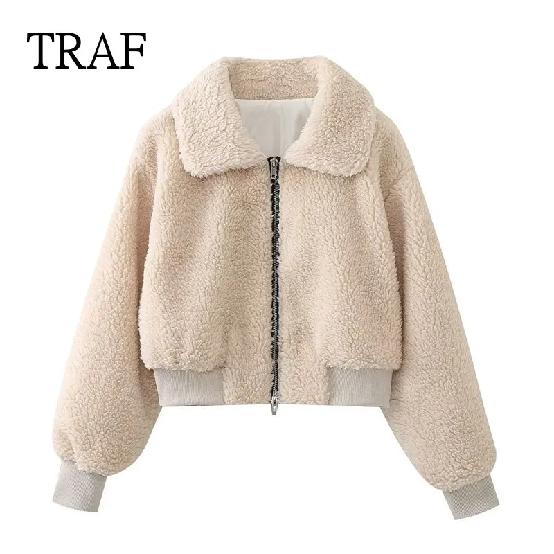 

TRAF Short Jackets For Women 2023 Autumn Winter Lamb Wool Coat Women Clothing Loose Long Sleeves Top Female Jacket Chic Tops