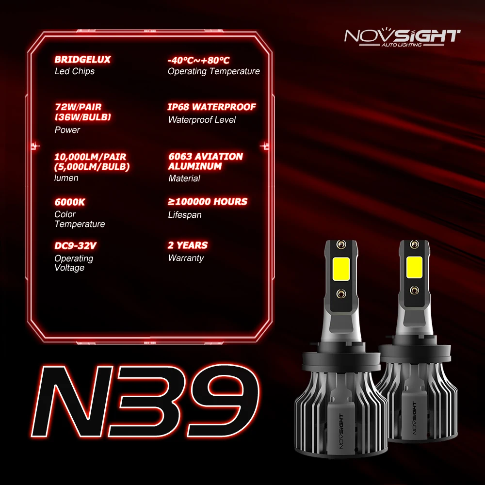 Farol do carro do NOVSIGHT-LED, auto farol, ampolas de névoa, H1, H3, H4, H7, H11, H8, H9, H13, 9005, HB3, 9006, HB4, 9007, 9003, 10000lm, 72W, 6000K