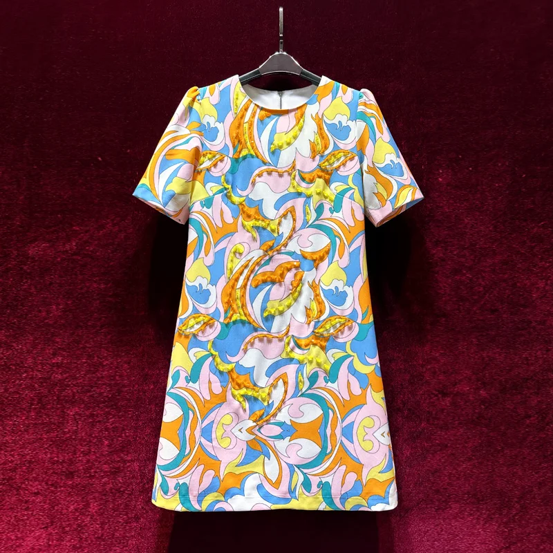 

2024 new print beaded short sleeve temperament dress
