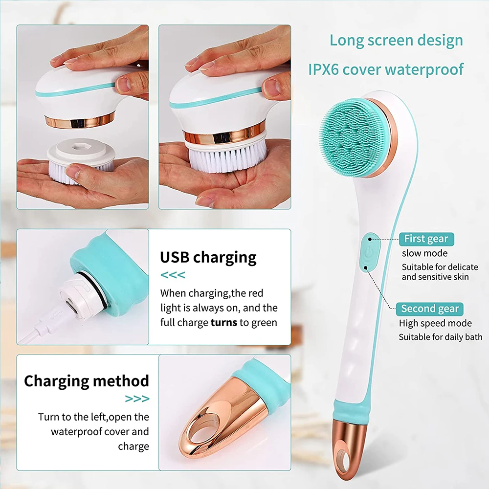 4 In Electric Bath Shower Brush Rotating Exfoliation Scrubber Shower Brush Long Handle Spa Waterproof Clean Face Body Massager