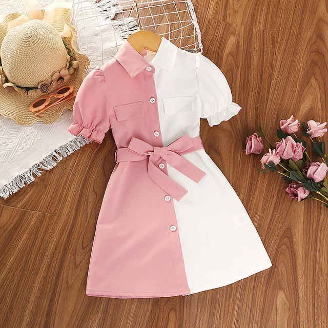 Robe pour filles de 4 à 7 ans, chemise en Patchwork, manches bouffantes, avec ceinture, tempérament élégant, robe pour bébé fille 1