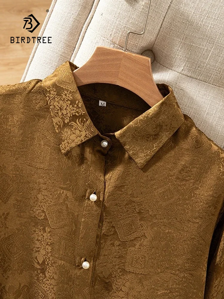 

Birdtree Women Long Sleeved Simple,OL Commuting Blouse,2024 Spring 100%Real Silk Elegant Shirt Jacquard Floral Shirt T3D612QC