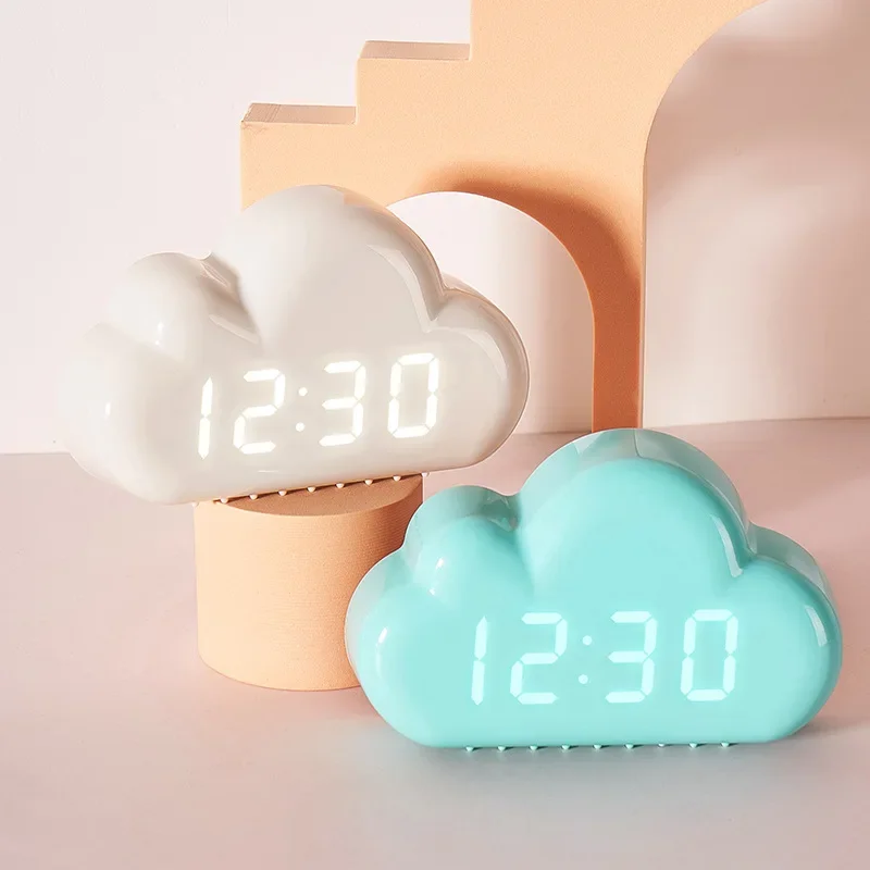 Kawaii Clocks Clouds Alarm Clock Voice Control Led Clocks Bedside Snooze Electronic Clock Calendar Table Clock Digital Clockes