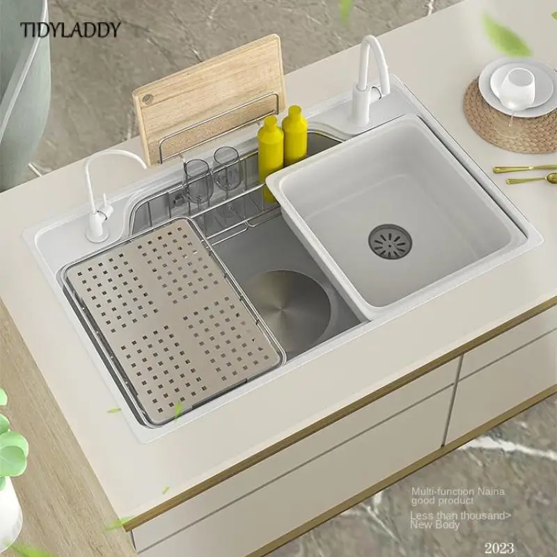 Luxury Nano Stainless Steel Kitchen Sink White Single Slot Modern Japanese Multifuctional Workstation Sink with Storage Rack luxury nano stainless steel kitchen sink white single slot modern japanese multifuctional workstation sink with storage rack