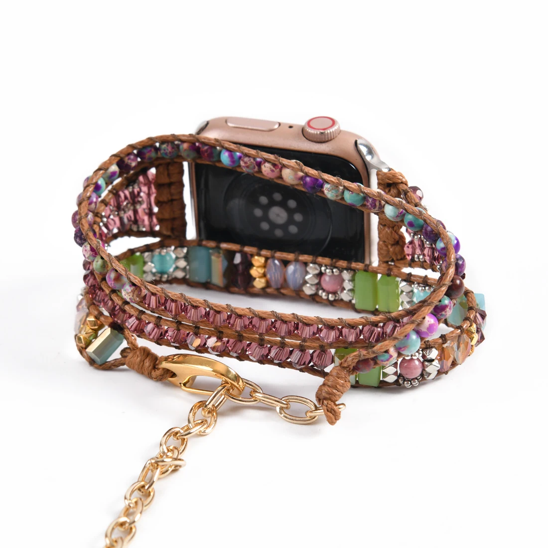 New Design Natural Stone Apple Watch Band Vegan Beaded Strap Smartwatch Bracelet For Iwatch Series 1-8 Accessories with Chain