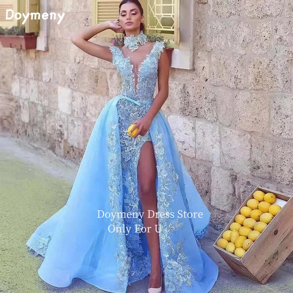 Doymeny Abiti Da Sera Applique Con Scollo A V A Sirena Abiti Da Ballo Senza Schienale In Tulle Con Spacco Alto Abiti Da Ballo Vestidos De Noche