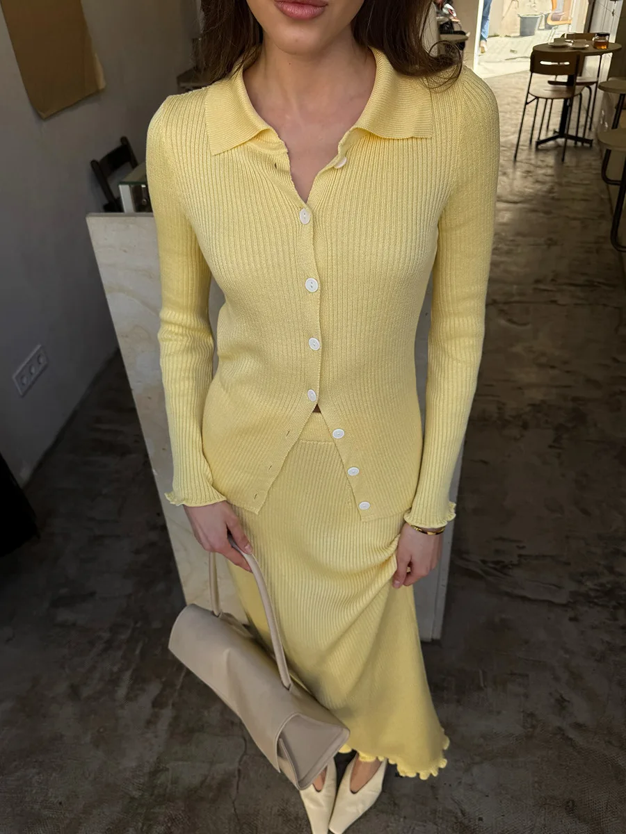 Bornladies New Women's POLO Neck Long Sleeve Cardigan Skirt Set Ribbed Knit Button Front Elastic Autumn Winter Casual Set