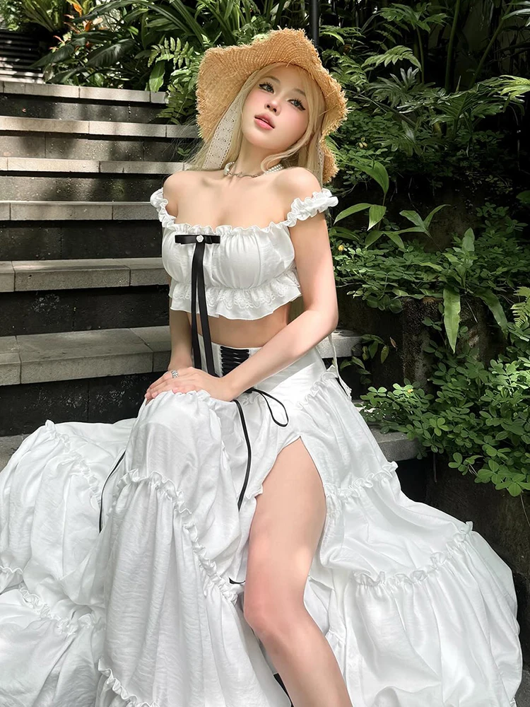 Nibber Sweet 2-Piece Set Women One Shoulder Patchwork Lace Bow Mini Tops+High Slits Folds Bandage Skirts Matching Vacation Suits