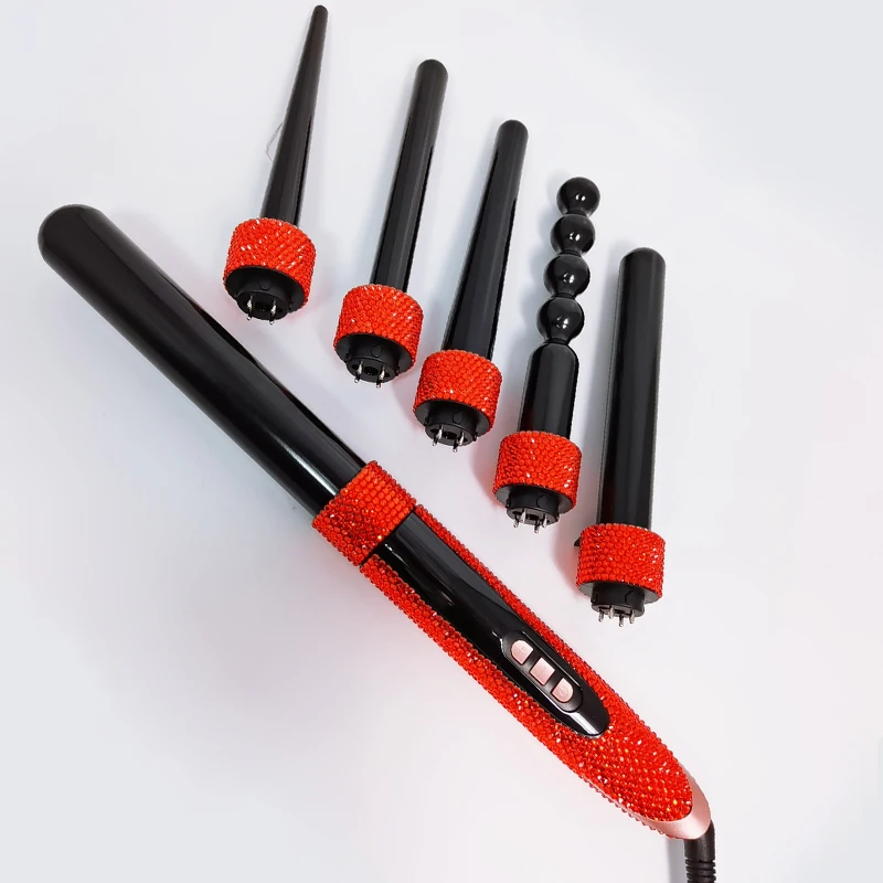 Hot sale bling diamond curling wand set 6pcs interchangeable ceramic barrels custom electric curling iron 6pcs