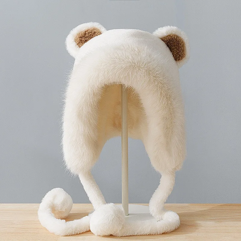 New Cute Bear Lace-up Hat Women's Autumn and Winter Warm шапка ушанка Fashion All-match Skullies Beanies Bonnets for Women 4