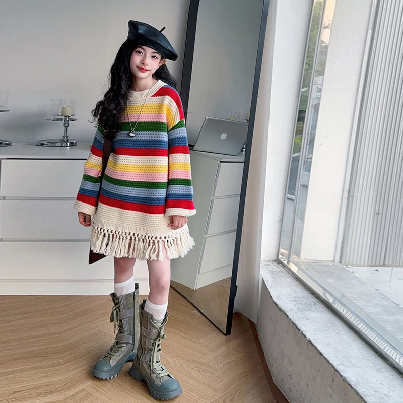 아동용 스웨터 4-14세 여아 캐주얼 패션 봄 가을 니트웨어 트윈 레인보우 컬러풀 의상 아동 한국 스타일 풀오버