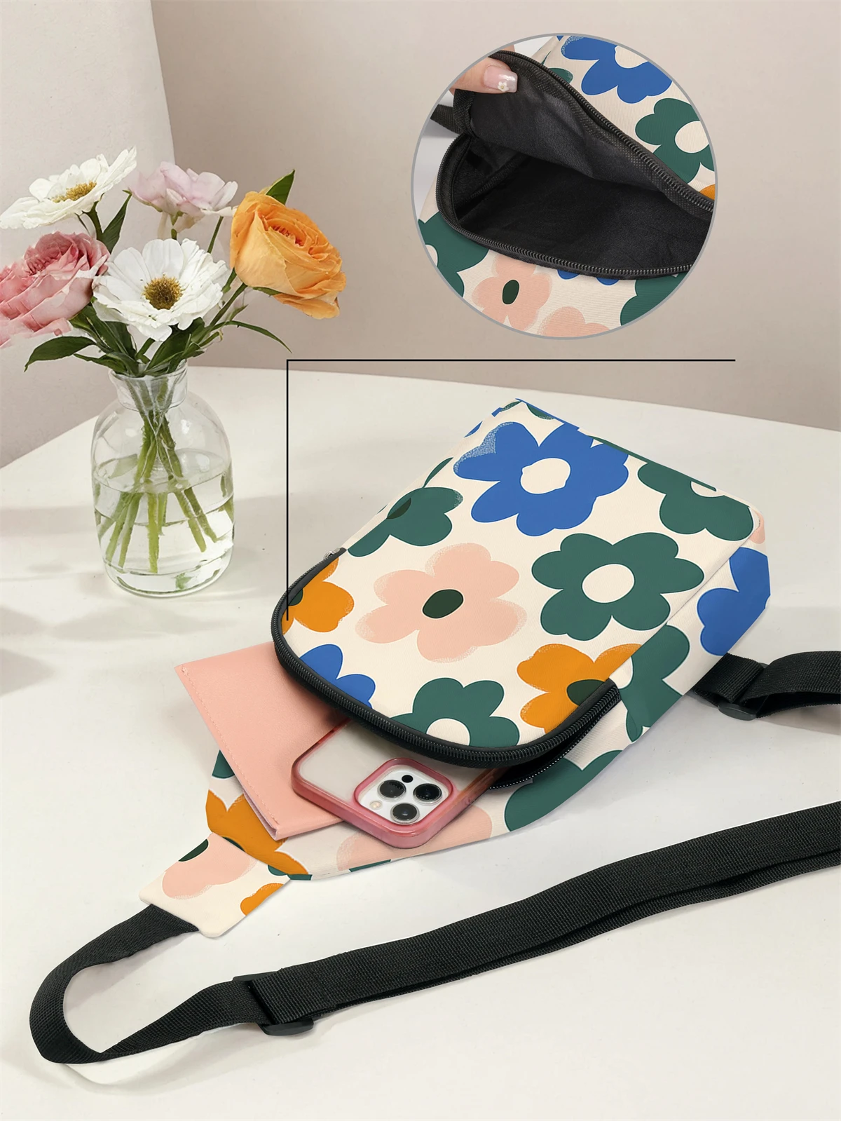 Flower patterned chest bag crossbody bag, multifunctional, lightweight and simple chest bag, suitable for travel and school