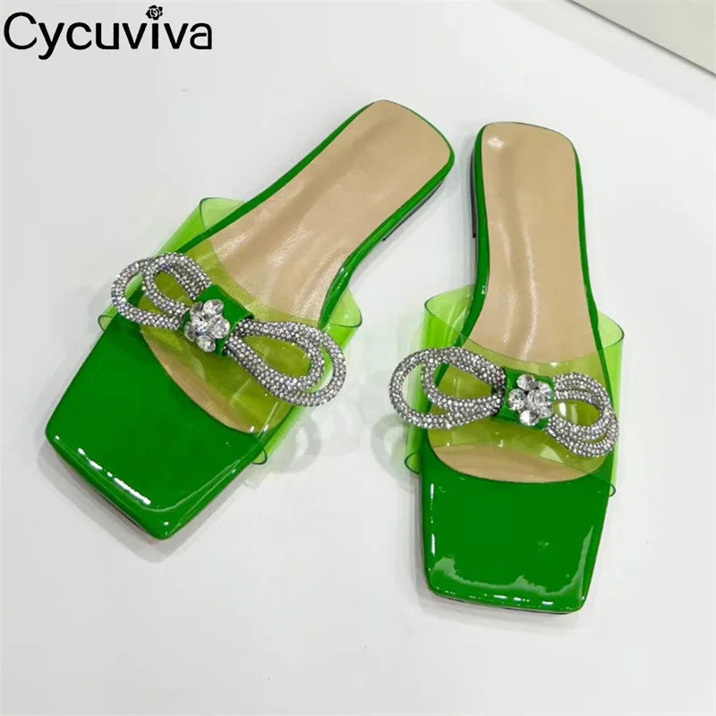 

New Clear PVC Crystal Slippers Women Square Open Toe Bow flat Sandals Transparent Jelly Mules Summer Beach Party Shoes mujer