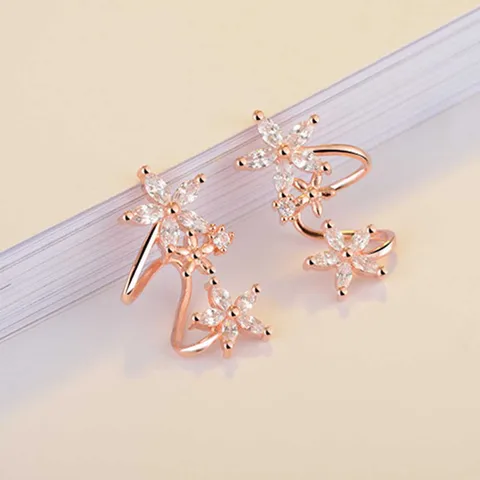 Sweet Lady Flower Curved Ear Clip Zircon Piercing Snag Earrings Stud Temperament Female Simple Earrings Women Jewelry