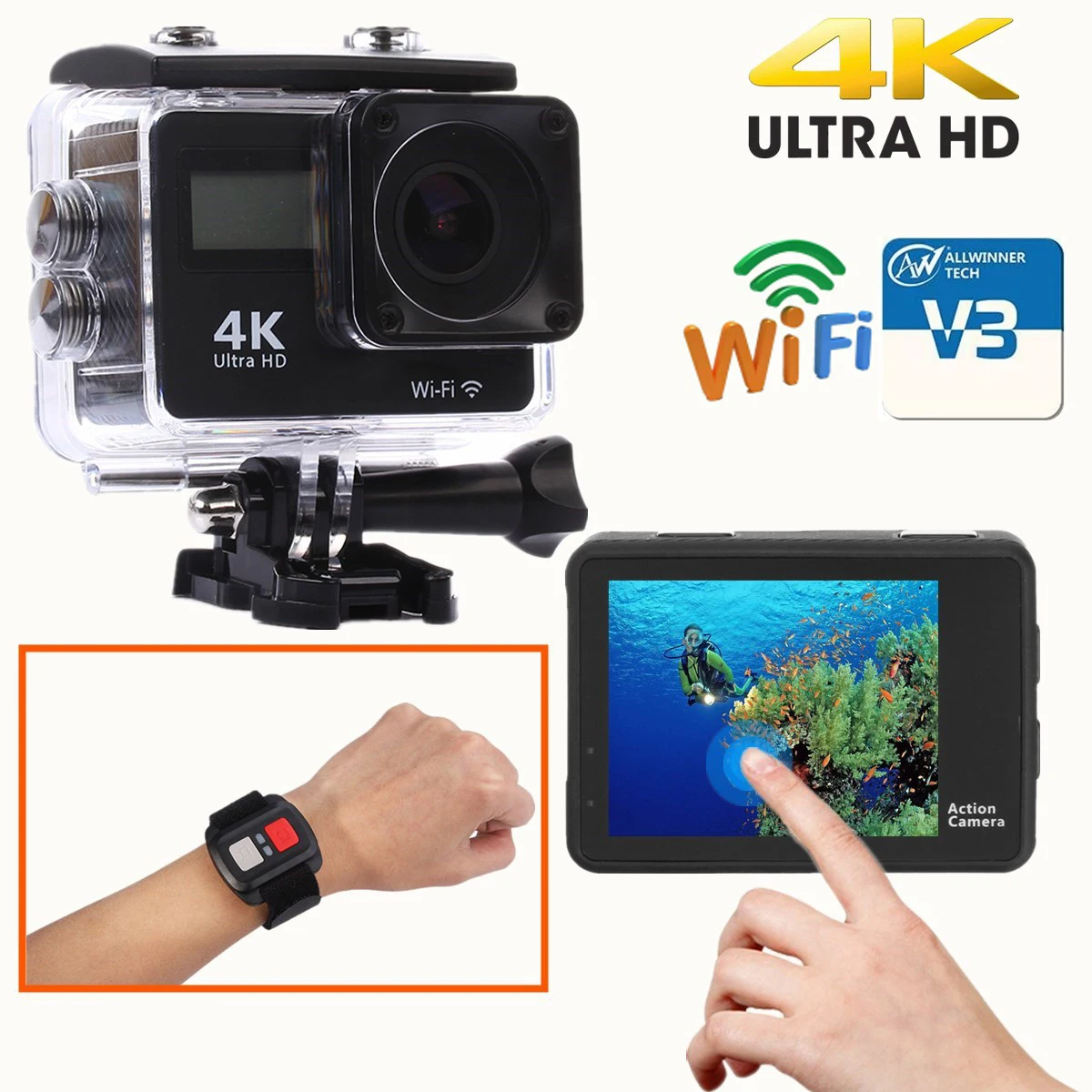 

2024 4K Ultra HD Экшн-камера с двойным IPS LCD WiFi 20MP 170D 30m для Go Waterproof Pro Sport DV видеокамера для шлема Camera Allwinner