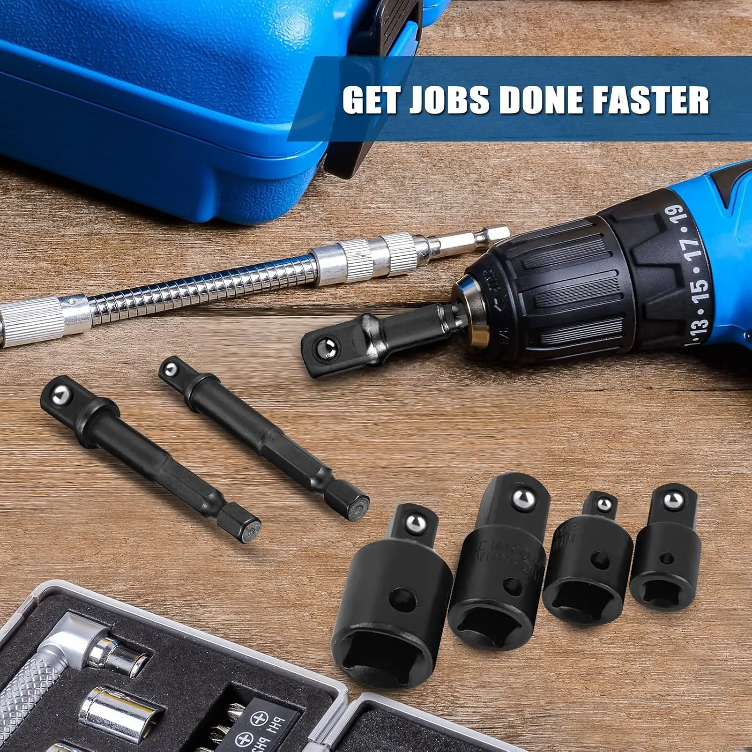 4/7-teiliges Schlagschrauber-Steckschlüssel-Adapter-Set, 1/4" 3/8" 1/2" SAE Bohrer-Steckschlüssel-Adapter-Set, Vierkant- und Sechskantantrieb für Schlagschrauber – Detail 7