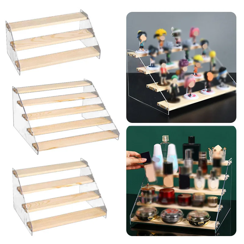 3-5 Layer Acrylic Wood Display Stand Cupcakes Perfume Cosmetic Holder Showcase Organizer Doll Mini Figure Toy Model Storage Rack 2